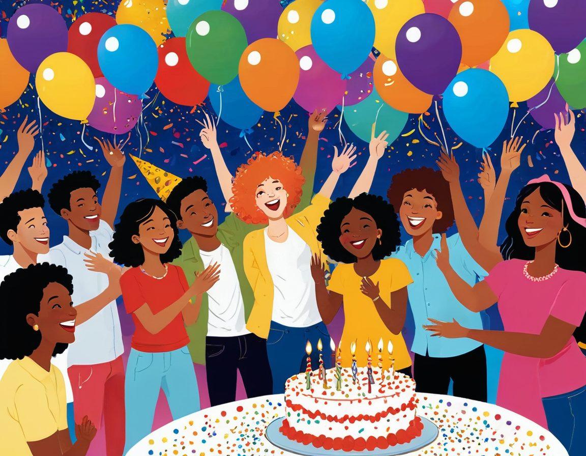 A joyful gathering featuring diverse friends laughing and celebrating various occasions like birthdays, anniversaries, and holidays. Balloons, confetti, and a cake with candles create an atmosphere of festivity. Include elements of humor, such as a funny party hat and a character doing a silly dance. Bright, cheerful colors to convey a sense of happiness and warmth. cartoon style with vibrant colors.