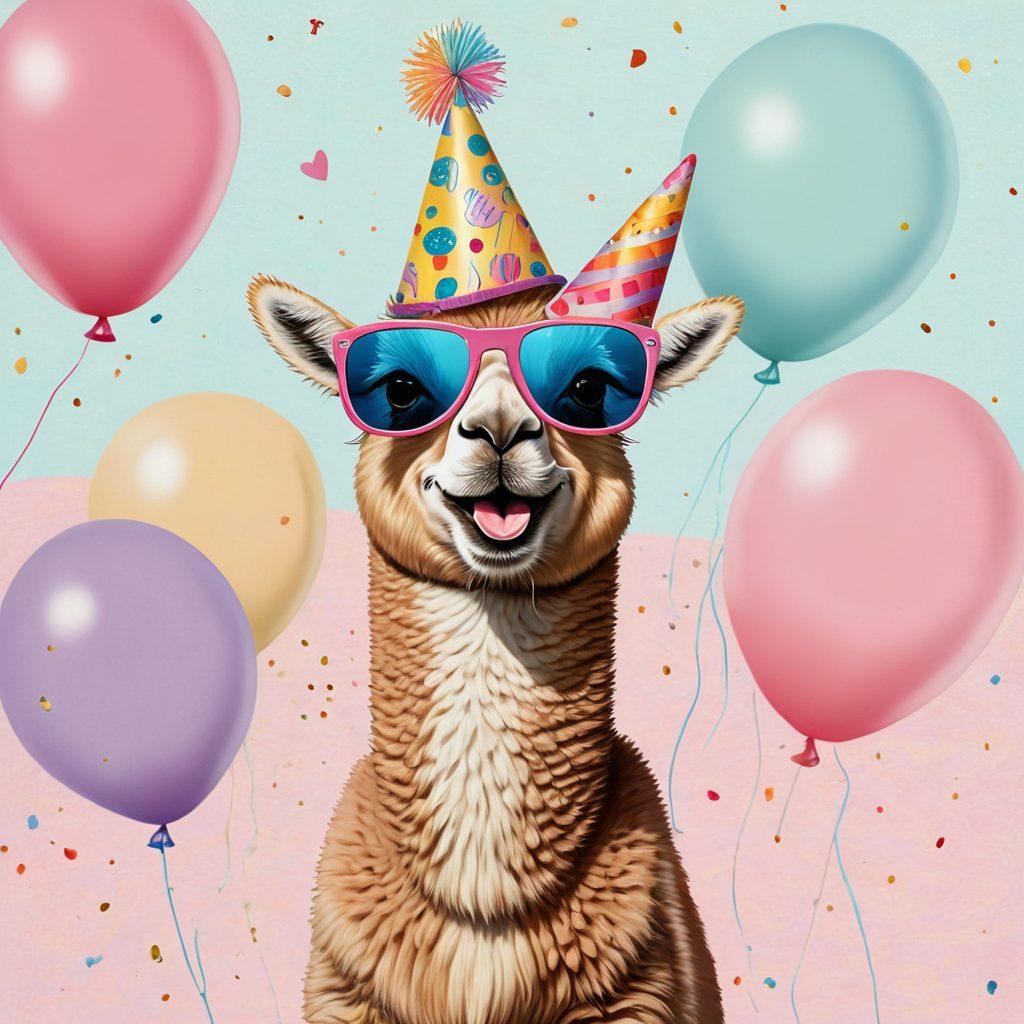 A delightful assortment of ten whimsical greeting cards, each showcasing a unique, humorous illustration. Include quirky characters like a dancing llama, a cat in sunglasses, and a pun-filled message that evokes laughter. Arrange the cards playfully in a colorful, cheerful setting with soft pastel colors and sparkles around them. The background should be bright and inviting, suggesting joy and creativity. cartoon style. vibrant colors.