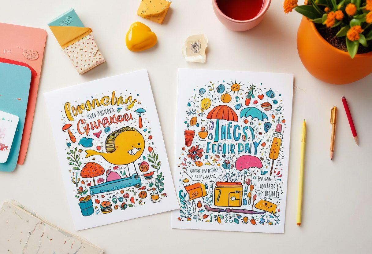 A lively display of whimsical greeting cards scattered across a bright, cheerful table. Each card features quirky illustrations and playful typography that evoke different emotions such as joy, laughter, and good-natured sarcasm. Add elements like colorful envelopes, quirky doodles, and humorous quotes to bring the scene to life. The background should be light and inviting, suggesting a fun and creative atmosphere. vibrant colors. playful style. white background.